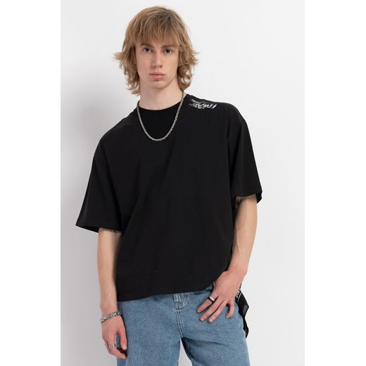 Czarny t-shirt boxy z minimalistycznym nadrukiem, kolor - czarny, rozmiar - 152 ze sklepu REPORTER w kategorii T-shirty chłopięce - zdjęcie 178566596
