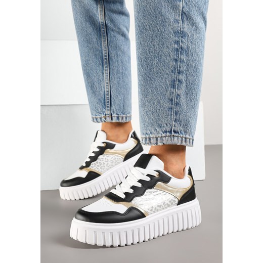 Biało-Czarne Sneakersy na Grubej Tłoczonej Podeszwie z Perforacją i Panterką Odivila ze sklepu born2be.pl w kategorii Buty sportowe damskie - zdjęcie 178567767
