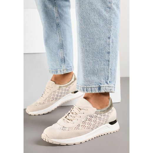 Beżowe Ażurowe Sneakersy Ozdobione Metalicznymi Wstawkami Sdivane ze sklepu born2be.pl w kategorii Buty sportowe damskie - zdjęcie 178568106