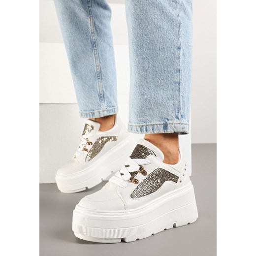 Białe Sneakersy Vices na Grubej Podeszwie z Brokatem Sdivona ze sklepu born2be.pl w kategorii Buty sportowe damskie - zdjęcie 178568379