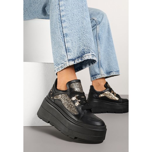 Czarne Sneakersy Vices na Grubej Podeszwie z Brokatem Sdivona ze sklepu born2be.pl w kategorii Buty sportowe damskie - zdjęcie 178568385