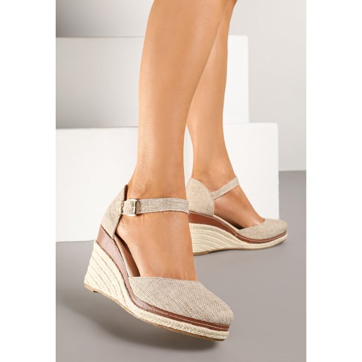 Ciemnobeżowe Sandały na Koturnie z Plecionką w Stylu Espadryli Alathria ze sklepu renee.pl w kategorii Espadryle damskie - zdjęcie 178569245