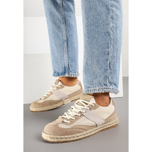 Ciemnobeżowe Sneakersy w Stylu Klasycznych Tenisówek z Ozdobnymi Przeszyciami Emloti ze sklepu born2be.pl w kategorii Buty sportowe damskie - zdjęcie 178571268