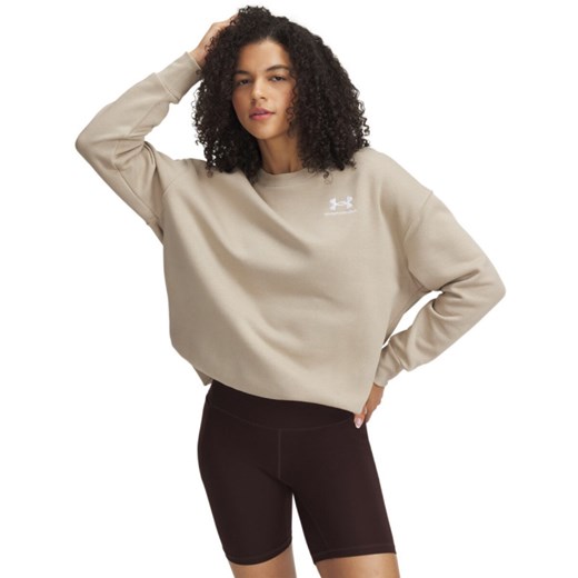 Damska bluza dresowa nierozpinana bez kaptura Under Armour UA Icon Fleece OS Crew - beżowa ze sklepu Sportstylestory.com w kategorii Bluzy damskie - zdjęcie 178577108