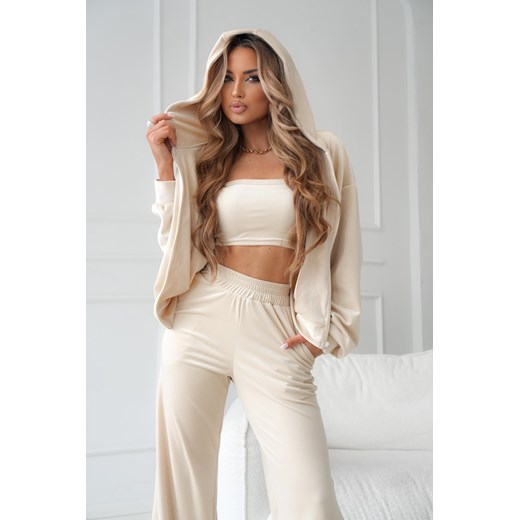 welurowy komplet dres dolce vita ii z logo bluza uni oversize z kapturem + szerokie spodnie welur polski produkt by mielczarkowski - beż ze sklepu STYLOWO w kategorii Komplety i garnitury damskie - zdjęcie 178598615