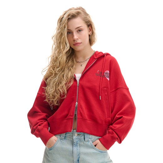 Cropp - Czerwona rozpinana bluza z kapturem i napisami - czerwony ze sklepu Cropp w kategorii Bluzy damskie - zdjęcie 178612586
