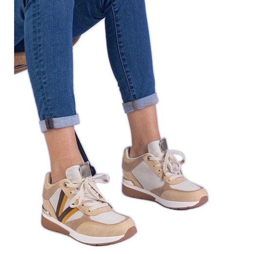 Brązowe sneakersy damskie na ukrytym koturnie ze sklepu ButyModne.pl w kategorii Buty sportowe damskie - zdjęcie 178616708