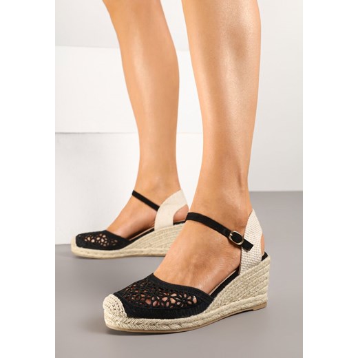 Czarne Ażurowe Sandały Espadryle na Koturnie z Plecionki Nusielis ze sklepu born2be.pl w kategorii Espadryle damskie - zdjęcie 178618509