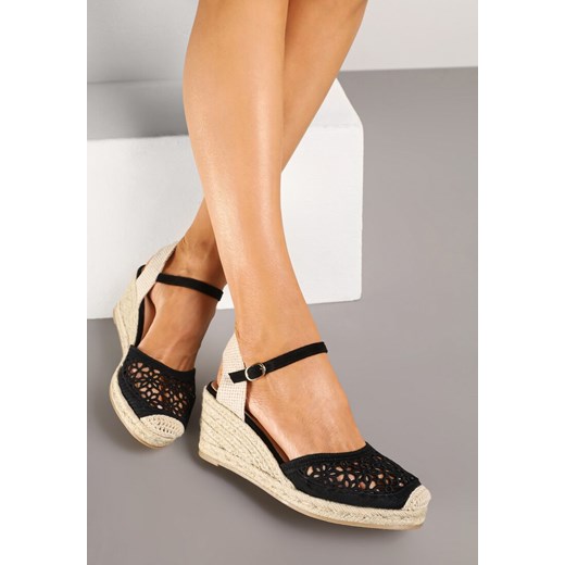 Czarne Sandały Typu Espadryle z Ażurową Cholewką i Plecionym Koturnem Nusithena ze sklepu renee.pl w kategorii Espadryle damskie - zdjęcie 178619107