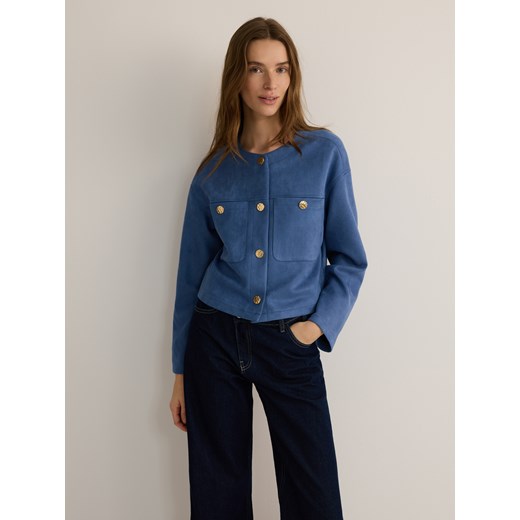 Reserved - Krótka kurtka z imitacji zamszu - niebieski Reserved L Reserved