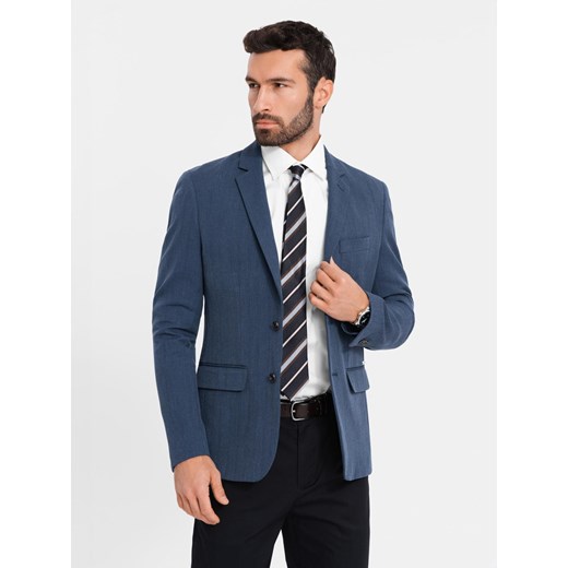 Elegancka marynarka męska SLIM FIT z rayonem – ciemnoniebieska V3 OM-BLZB-0135 ze sklepu ombre w kategorii Marynarki męskie - zdjęcie 178647527