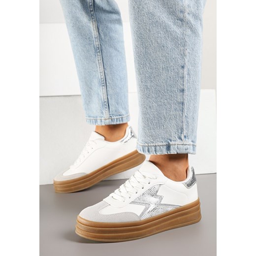 Srebrno-Białe Sneakersy na Kauczukowej Podeszwie z Geometrycznym Wzorem Tolionne ze sklepu born2be.pl w kategorii Buty sportowe damskie - zdjęcie 178654659