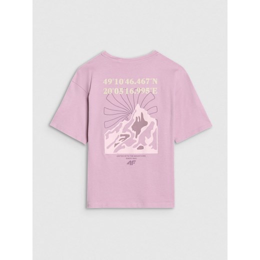 Dziewczęcy t-shirt z nadrukiem 4F 4FJWSS25TTSHF1853 - fioletowy ze sklepu Sportstylestory.com w kategorii Bluzki dziewczęce - zdjęcie 178657265