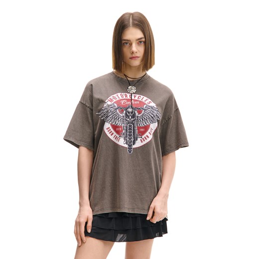 Cropp - Szary T-shirt oversize z nadrukiem - jasny szary ze sklepu Cropp w kategorii Bluzki damskie - zdjęcie 178657957