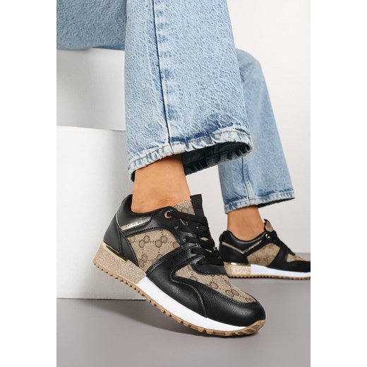 Czarno-Brązowe Sneakersy z Ozdobnymi Przeszyciami i Metaliczną Wstawką Miltia ze sklepu born2be.pl w kategorii Buty sportowe damskie - zdjęcie 178658369