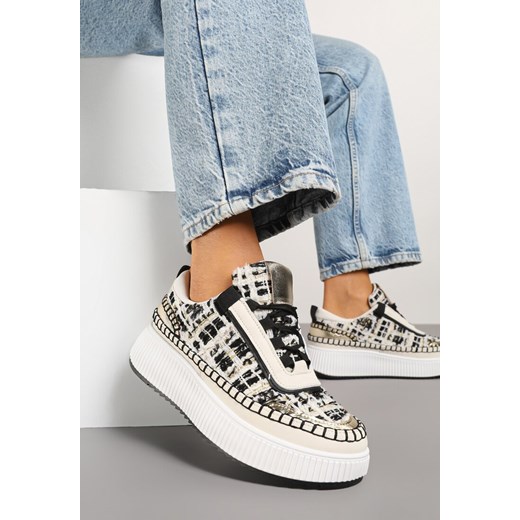 Czarno-Białe Sneakersy z Tweedowymi Zdobieniami i Przeszyciami na Platformie Ulandrelia ze sklepu renee.pl w kategorii Buty sportowe damskie - zdjęcie 178660357