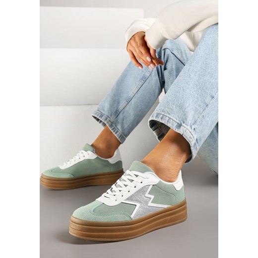 Jasnozielone Sneakersy w Stylu Tenisówek Ozdobione Geometrycznym Wzorem Tolivanna ze sklepu renee.pl w kategorii Buty sportowe damskie - zdjęcie 178660489