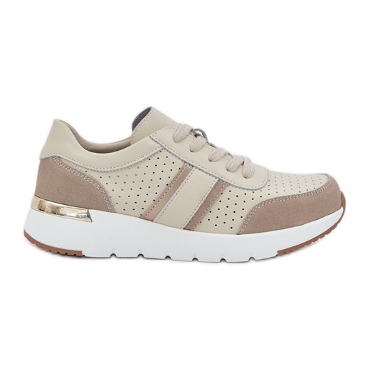 Skórzane Lekkie Sneakersy Buty Sportowe Damskie Beżowe beżowy ze sklepu ButyModne.pl w kategorii Buty sportowe damskie - zdjęcie 178668119