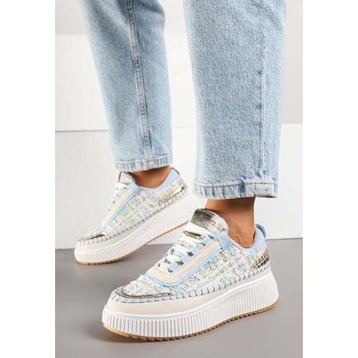 Biało-Niebieskie Sneakersy z Tweedowymi Zdobieniami i Przeszyciami na Platformie Ulandrelia ze sklepu renee.pl w kategorii Buty sportowe damskie - zdjęcie 178673936
