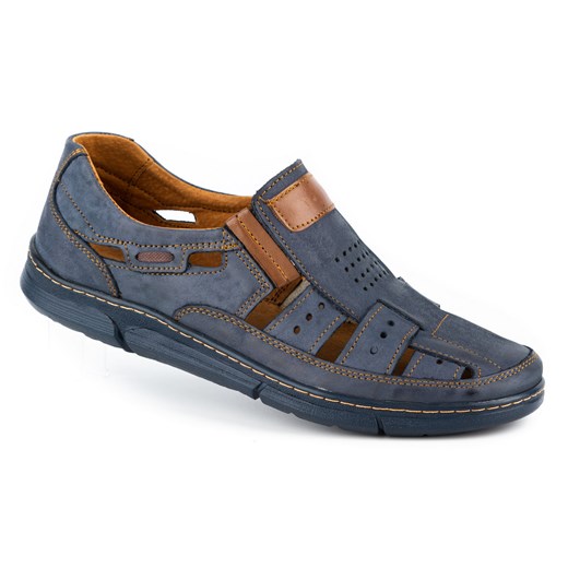 Buty męskie skóra ażurowe 601 na lato granatowe ze sklepu butyolivier w kategorii Półbuty męskie - zdjęcie 178687395
