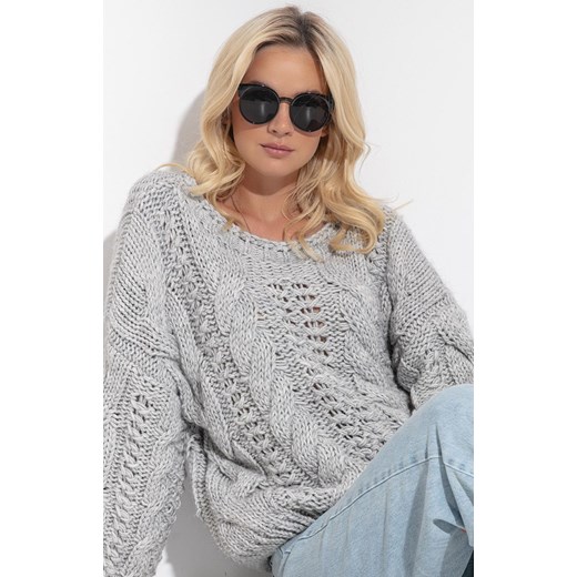 Szary ażurowy wełniany sweter o grubym splocie Chunky Knit F1318, Kolor szary, Fobya L/XL Primodo