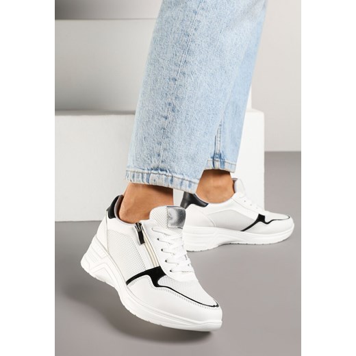 Białe Sneakersy na Koturnie z Wkładką ze Skóry Naturalnej Ozdobione Suwakiem Arivios ze sklepu renee.pl w kategorii Buty sportowe damskie - zdjęcie 178695817
