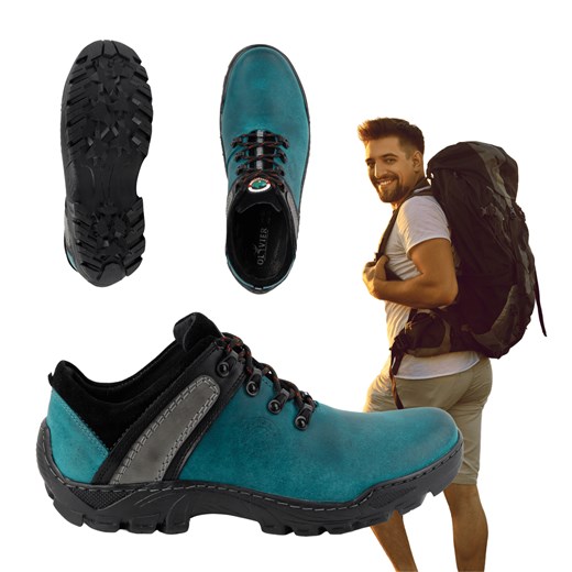 Skórzane buty trekkingowe męskie 311GT turkusowe ze sklepu butyolivier w kategorii Buty trekkingowe męskie - zdjęcie 178700797