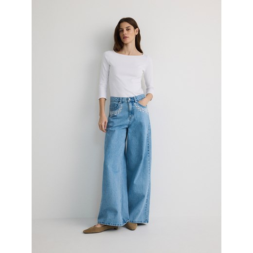 Reserved - Jeansy wide leg z haftem - niebieski Reserved 40 Reserved