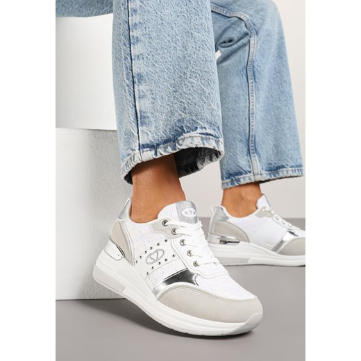Białe Sneakersy na Ukrytym Koturnie z Koronką i Metalicznymi Wstawkami Edililia ze sklepu renee.pl w kategorii Buty sportowe damskie - zdjęcie 178722677