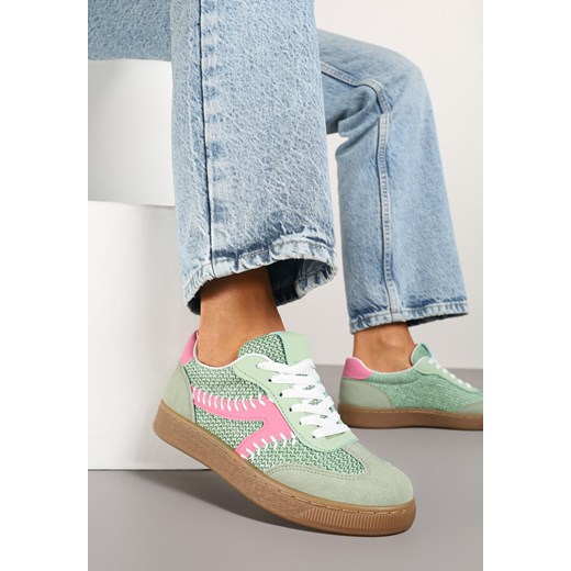 Jasnozielone Sneakersy w Stylu Klasycznych Tenisówek Zdobione Przeszyciami i Tweedem Koriznne ze sklepu renee.pl w kategorii Buty sportowe damskie - zdjęcie 178723045