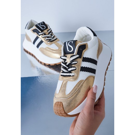 Biało-Złote Sneakersy Vices na Platformie z Metalicznymi Paskami Lenela ze sklepu renee.pl w kategorii Buty sportowe damskie - zdjęcie 178729866
