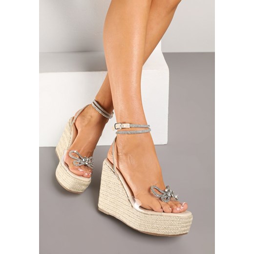 Beżowe Sandały Espadryle Vices na Koturnie z Transparentnym Paskiem i Cyrkoniami Neonellea ze sklepu renee.pl w kategorii Espadryle damskie - zdjęcie 178730555