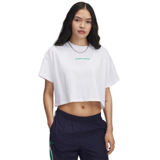 Damski t-shirt crop-top z nadrukiem Under Armour UA W Varsity Mix HW SS Crop - biały ze sklepu Sportstylestory.com w kategorii Bluzki damskie - zdjęcie 178735209