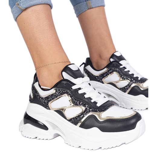Czarne sneakersy damskie zdobione brokatem ze sklepu ButyModne.pl w kategorii Buty sportowe damskie - zdjęcie 178735699