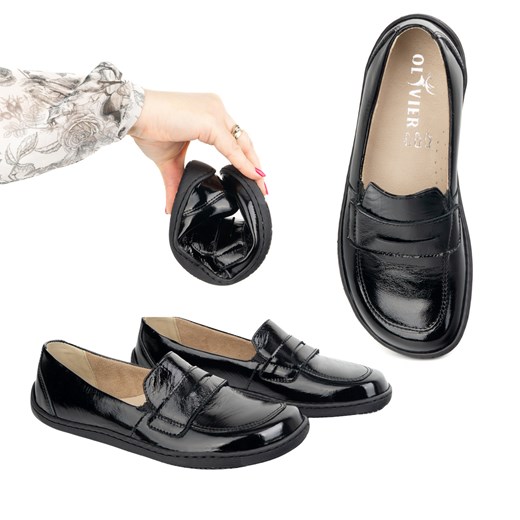BAREFOOT Eleganckie Damskie minimalistyczne mokasyny skórzane 1280 czarny lakier ze sklepu butyolivier w kategorii Półbuty damskie - zdjęcie 178741786