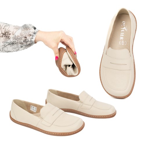 BAREFOOT Eleganckie Damskie minimalistyczne mokasyny skórzane 1280 beżowe ze sklepu butyolivier w kategorii Półbuty damskie - zdjęcie 178741806