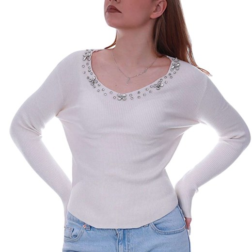 Beżowa bluzka damska z cyrkoniami /H UB899 S236/ S/M Pantofelek24.pl