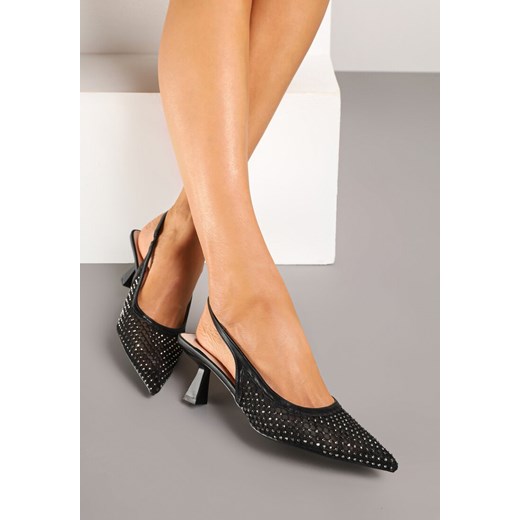 Czarne Sandały na Kaczuszce Slingback z Siateczkową Cholewką i Cyrkoniami Ridirana ze sklepu renee.pl w kategorii Czółenka - zdjęcie 178759097