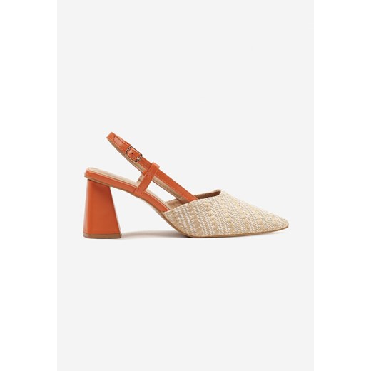 Beżowo-Pomarańczowe Sandały na Słupku Typu Slingback Ozdobione Plecionką Renee 37 wyprzedaż renee.pl