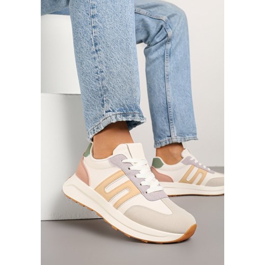 Beżowo-Fioletowe Sneakersy Ozdobione Geometrycznym Wzorem Eldvisa ze sklepu renee.pl w kategorii Buty sportowe damskie - zdjęcie 178759496