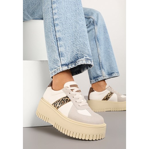 Beżowo-Panterkowe Sneakersy na Grubej Podeszwie z Ozdobnym Paskiem Viviriana ze sklepu born2be.pl w kategorii Buty sportowe damskie - zdjęcie 178761365
