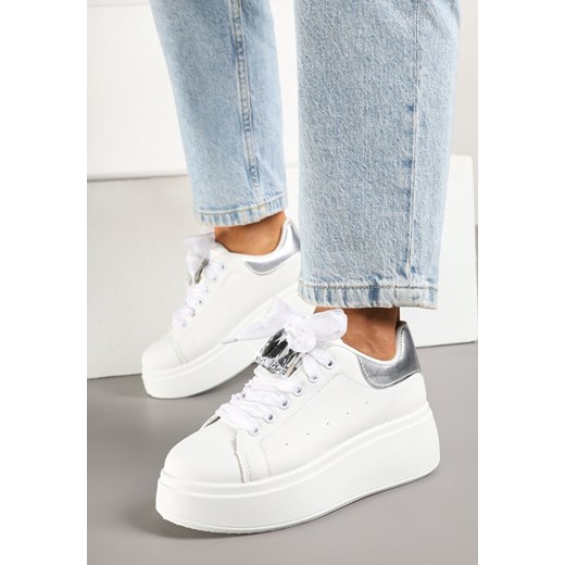 Biało-Srebrne Sneakersy z Ozdobnym Kamieniem Viverida ze sklepu born2be.pl w kategorii Buty sportowe damskie - zdjęcie 178761506