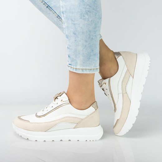Skórzane półbuty damskie sneakersy Pollonus biały+złoty 5-1721-001 ze sklepu butyolivier w kategorii Buty sportowe damskie - zdjęcie 178764479