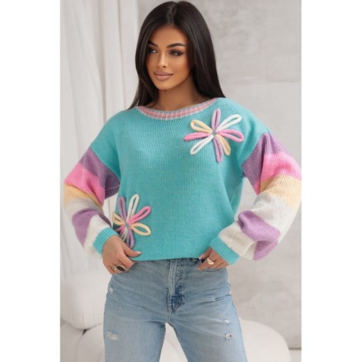 wiosenny pastelowy sweter dalia z kwiatami polski producent j&k premium - turkus ze sklepu STYLOWO w kategorii Swetry damskie - zdjęcie 178774239