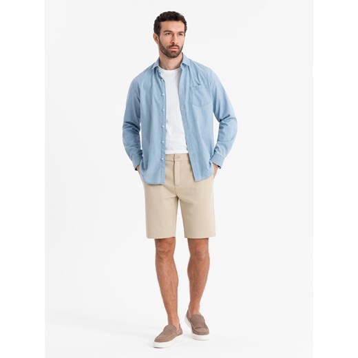 Szorty męskie ze strukturalnej dzianiny SLIM FIT – piaskowe V3 OM-SRCS-0169 ze sklepu ombre w kategorii Spodenki męskie - zdjęcie 178806558