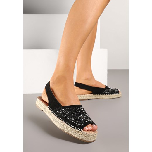 Czarne Sandały w Stylu Espadryli z Cyrkoniami na Podeszwie z Plecionki Neorwena ze sklepu renee.pl w kategorii Espadryle damskie - zdjęcie 178808039