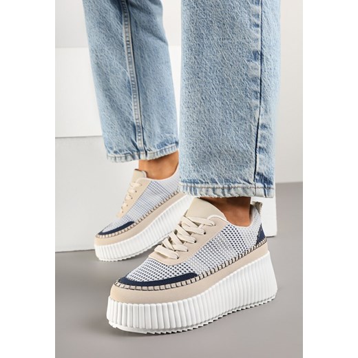 Niebiesko-Beżowe Sneakersy na Grubej Podeszwie z Tłoczeniami Zdobione Przeszyciami Falinia ze sklepu born2be.pl w kategorii Buty sportowe damskie - zdjęcie 178810669