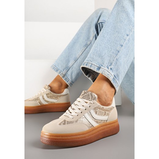 Beżowe Wężowe Sneakersy w Stylu Klasycznych Tenisówek na Grubej Podeszwie Grelritia ze sklepu born2be.pl w kategorii Buty sportowe damskie - zdjęcie 178810867