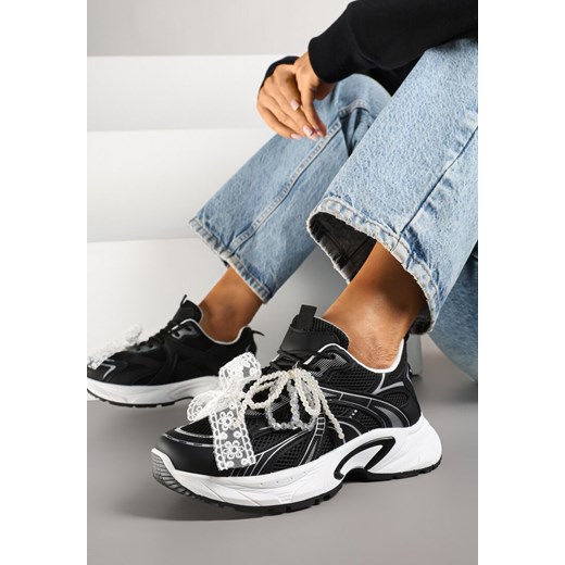 Czarne Sneakersy z Koralikami Kokardą i Geometrycznym Wzorem Sarivela ze sklepu renee.pl w kategorii Buty sportowe damskie - zdjęcie 178811229