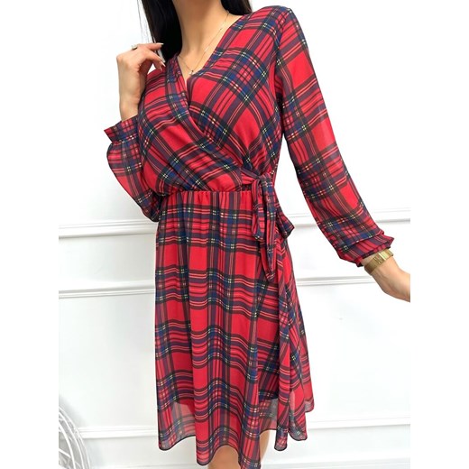 Czerwona Sukienka w Kratę z Wiązaniem ze sklepu ModnaKiecka.pl w kategorii Sukienki - zdjęcie 178821726
